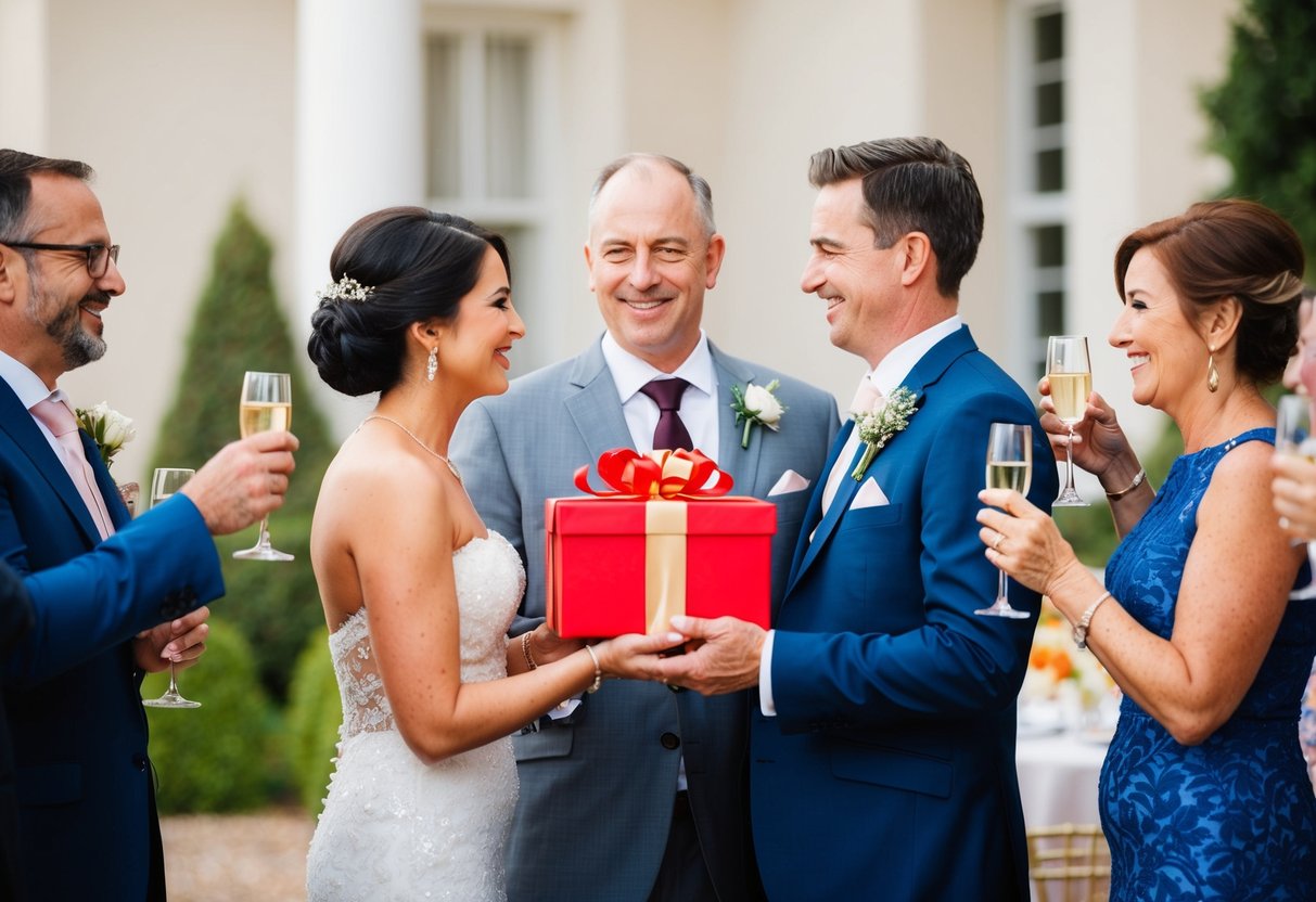 A couple presents a gift to the groom's parents, while others offer a toast in their honor