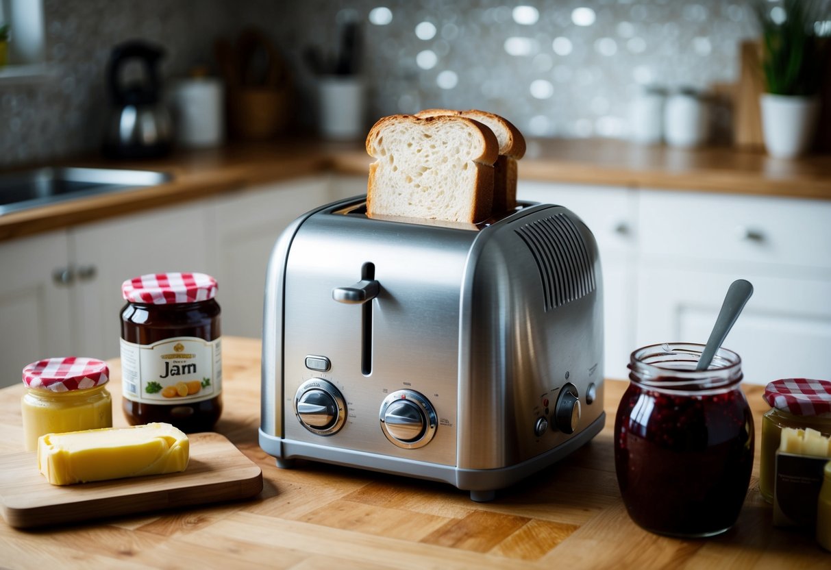 A toaster sits on a kitchen counter with a slice of bread inside, surrounded by jars of jam and butter