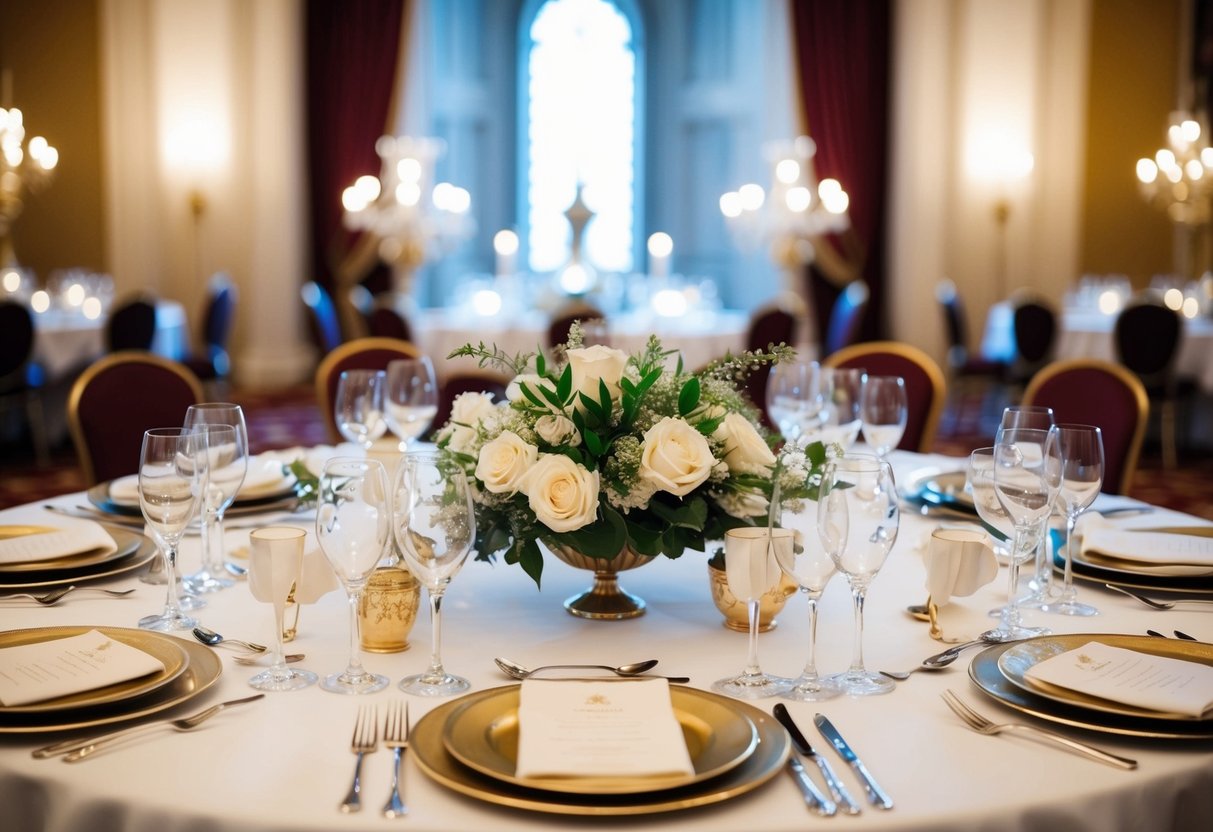 A royal banquet table with elegant place settings and a conspicuous absence of wedding rings