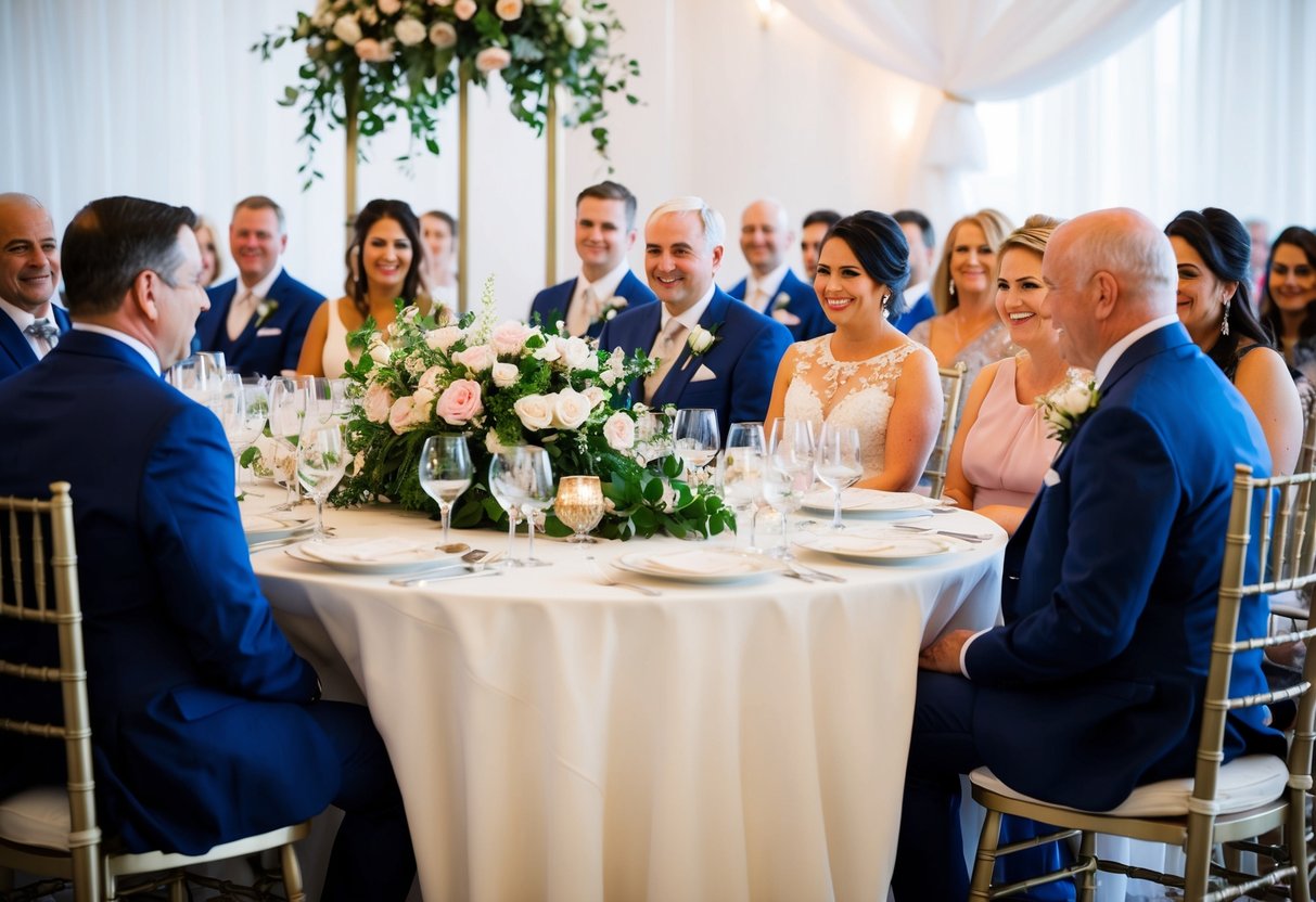 The groom's parents are seated at a beautifully decorated table, with a special floral arrangement and reserved seating, surrounded by family and friends