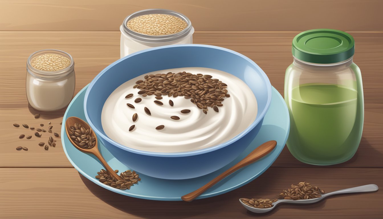 A bowl of yogurt topped with flax seeds, a spoon, and a bag of flax seeds next to it on a wooden table