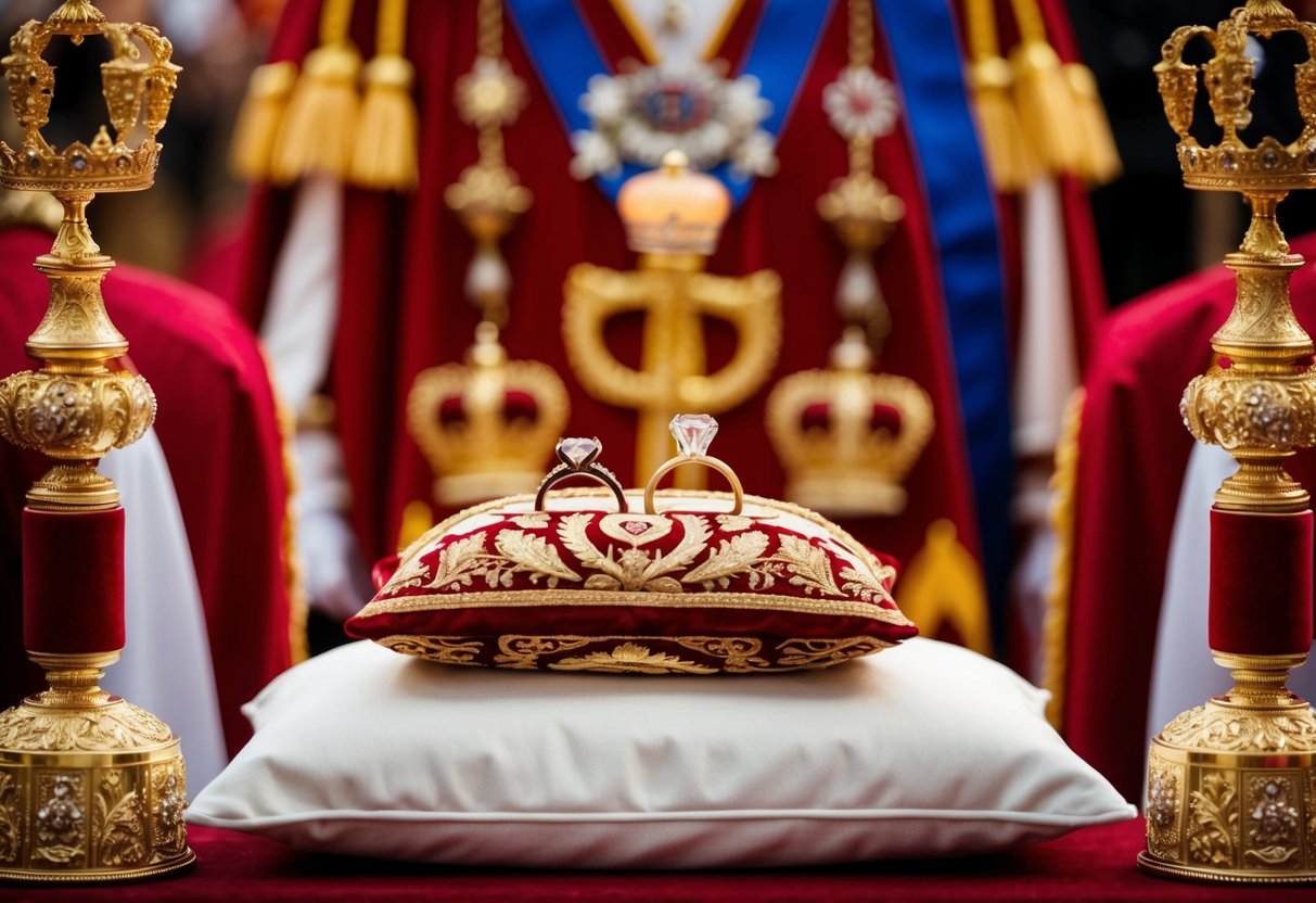 A royal ceremony with wedding rings on a regal pillow, surrounded by ornate decorations and symbols of royalty