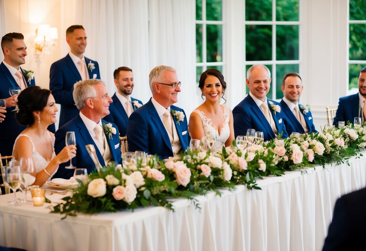 The groom's parents are seated at the head table, adorned with elegant floral arrangements and receiving heartfelt toasts from the wedding party