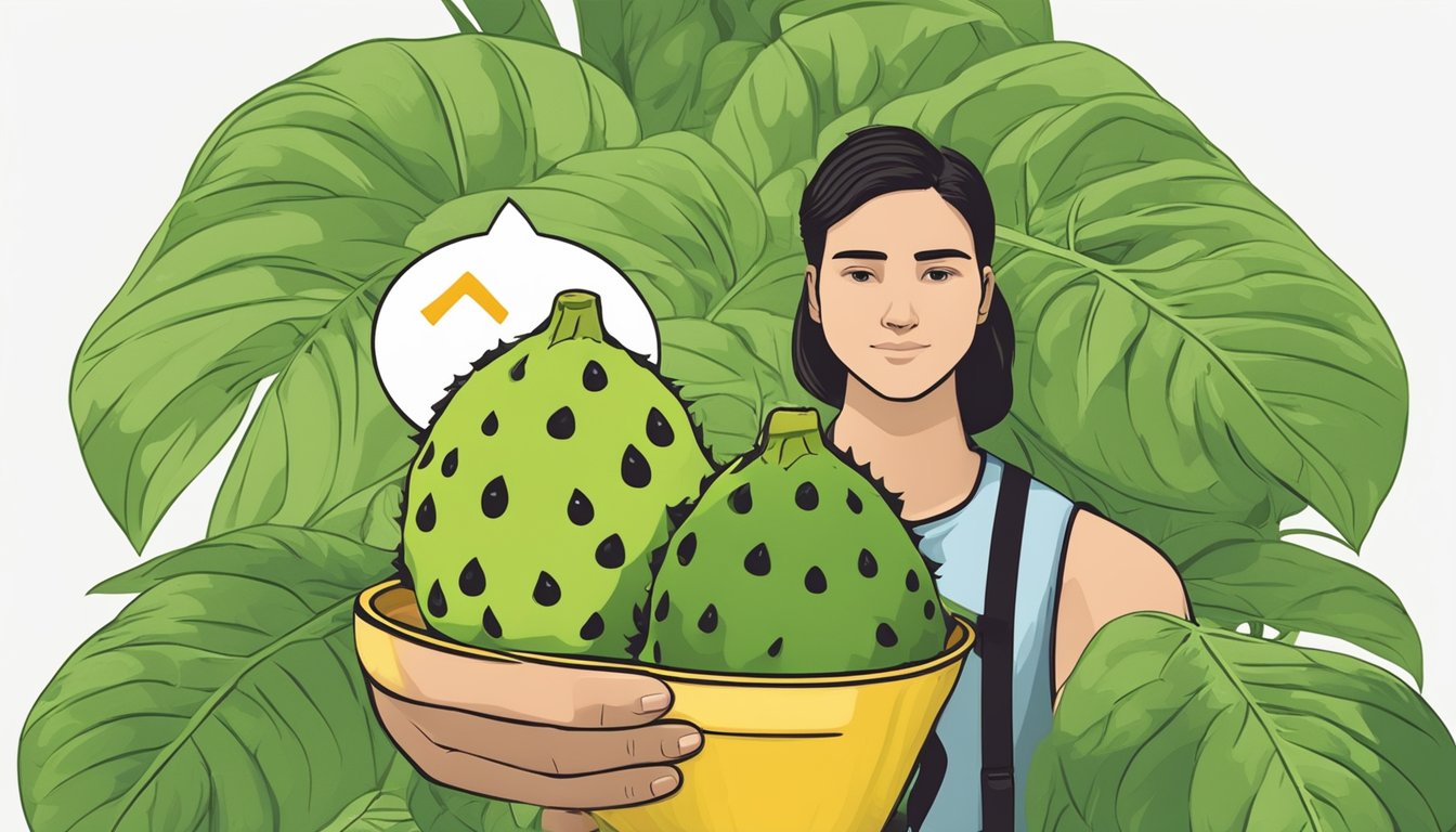 A person holding an unripe soursop fruit with a caution sign and a question mark above it