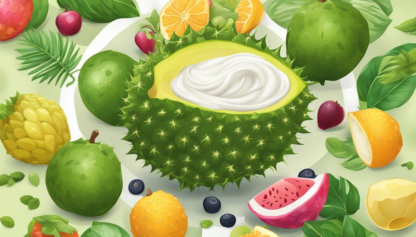 A vibrant soursop fruit surrounded by various healthy foods, such as yogurt, smoothies, and salads, with a question mark hovering over an unripe soursop