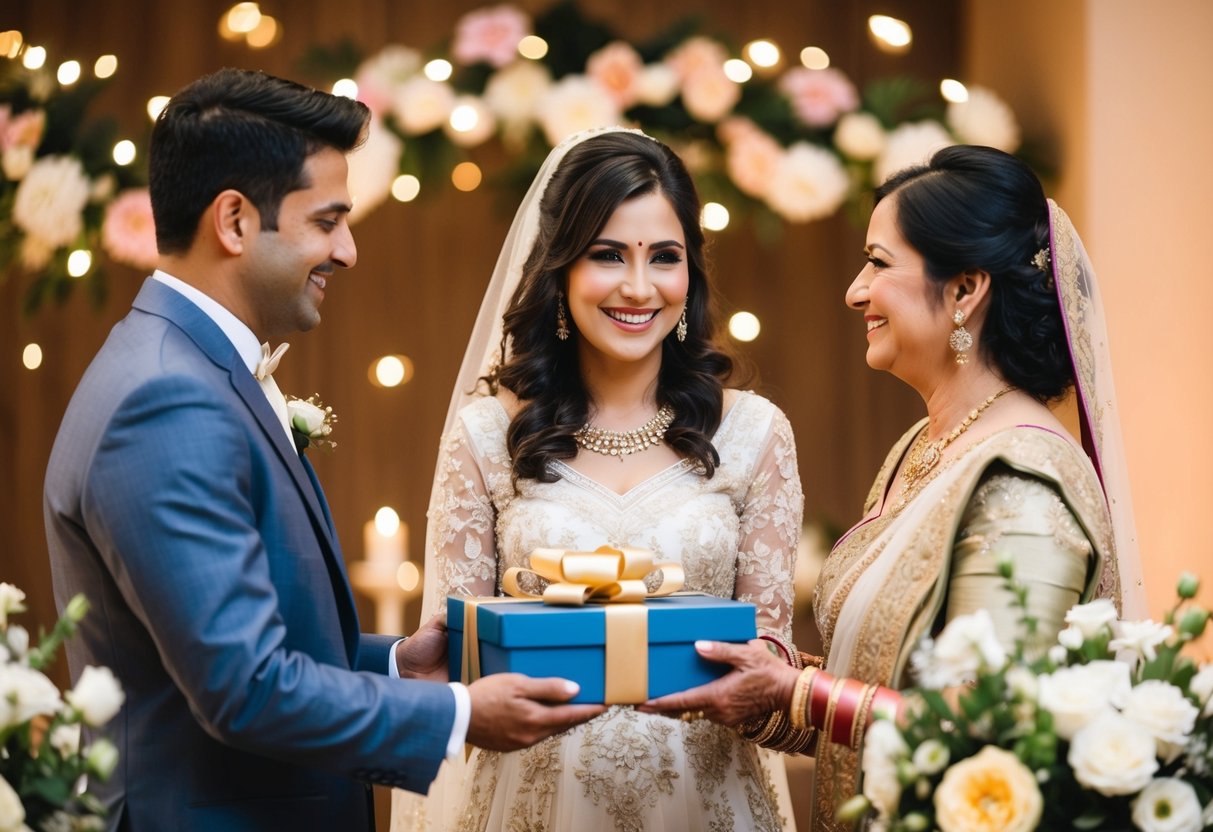 A couple presents a gift to the groom's parents, surrounded by flowers and a warm, celebratory atmosphere