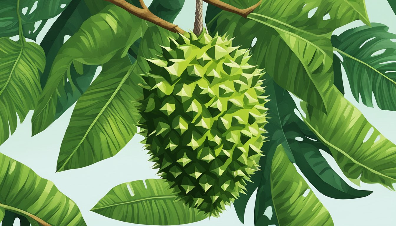 A green, spiky soursop fruit hangs from a tree branch, surrounded by lush green leaves