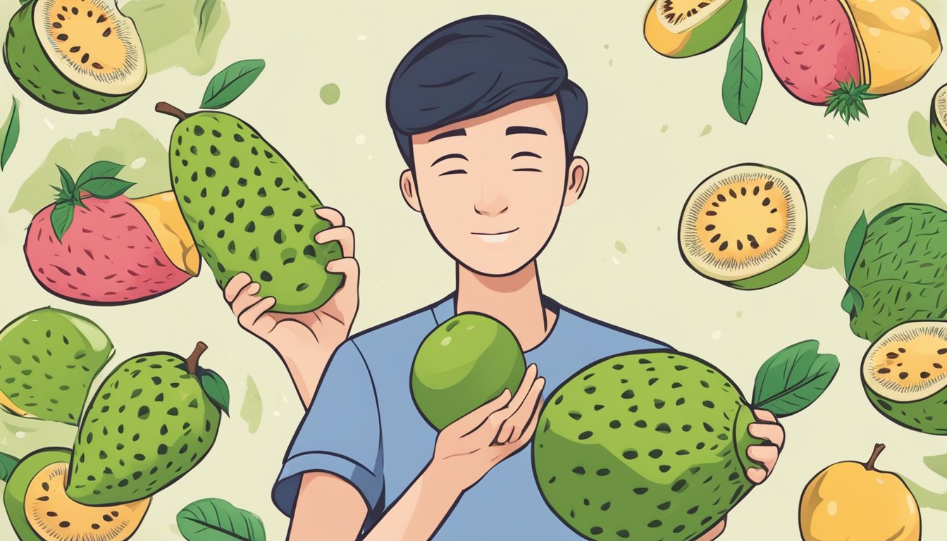 A person holding an unripe soursop fruit, with a question mark above their head. Surrounding the fruit are images of a stomach ache, nausea, and a warning sign