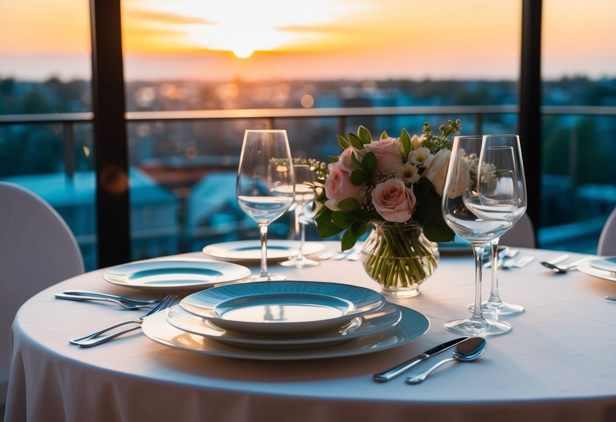 A table set with elegant dinnerware and a bouquet of flowers as the sun sets outside a large window