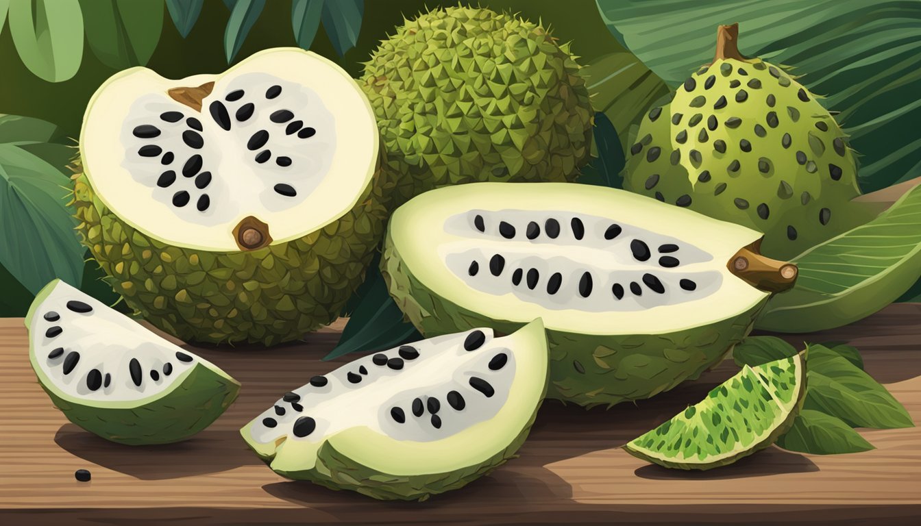 A table with various fruits, including a soursop cut open to reveal its unripe flesh. Other ripe fruits are nearby for comparison