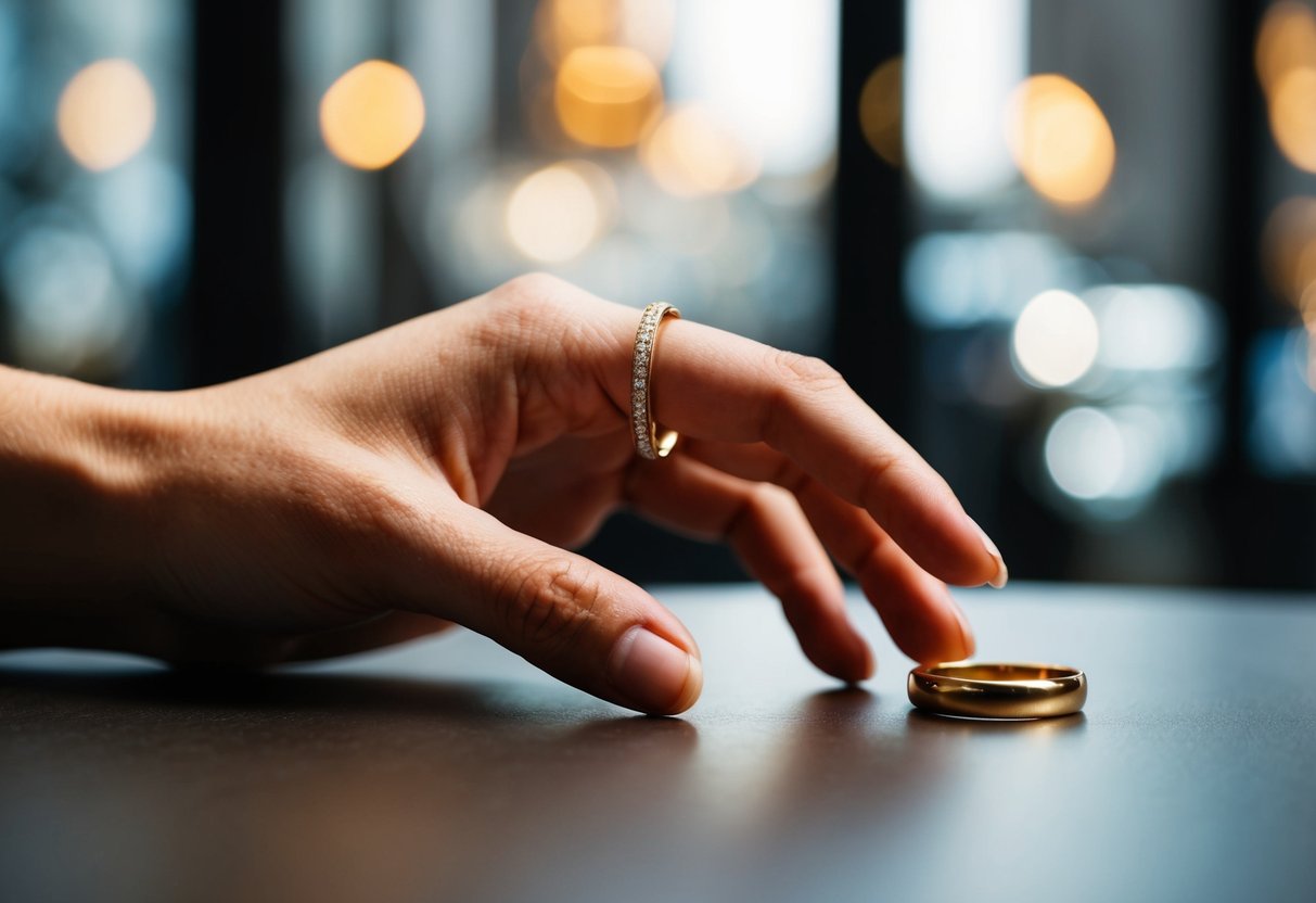 A hand reaching for a simple gold band on a table