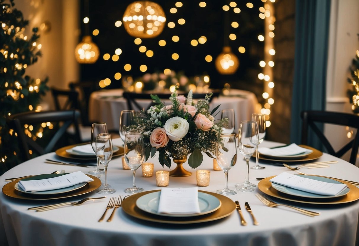 A beautifully set table with elegant place settings and floral centerpieces, surrounded by twinkling lights and a cozy ambiance
