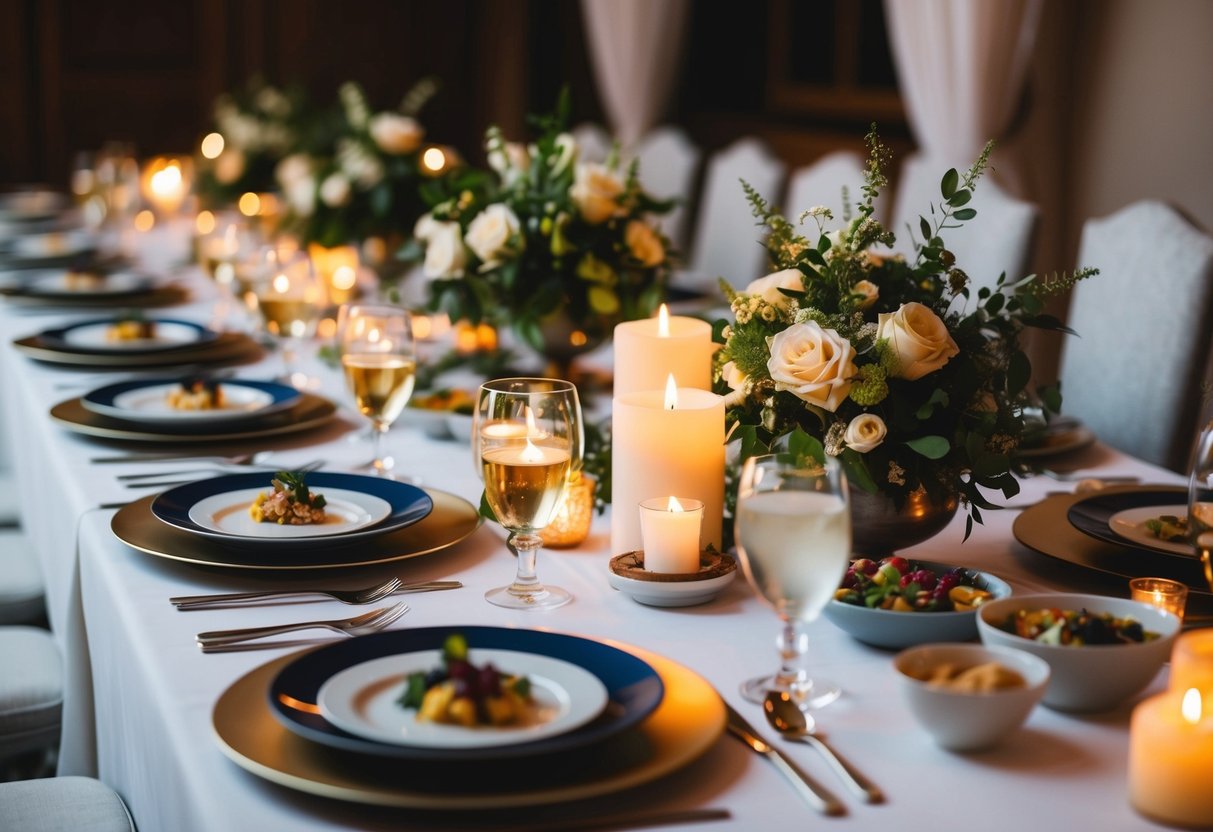 A beautifully set table with elegant place settings, soft candlelight, and a variety of delicious dishes creating a warm and inviting atmosphere for a rehearsal dinner