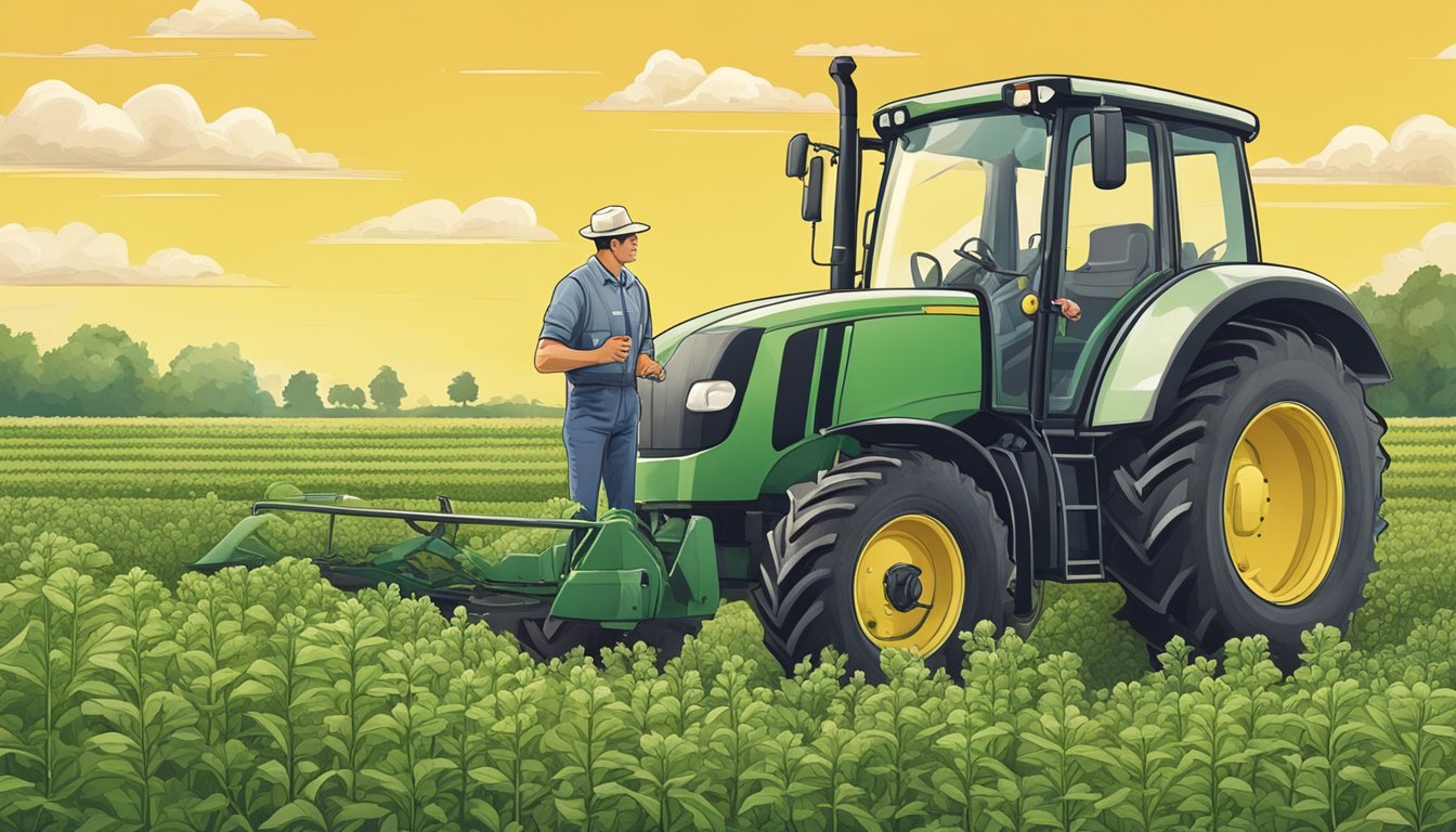 A farmer inspecting pigweed in a field, with agricultural equipment and environmental elements in the background