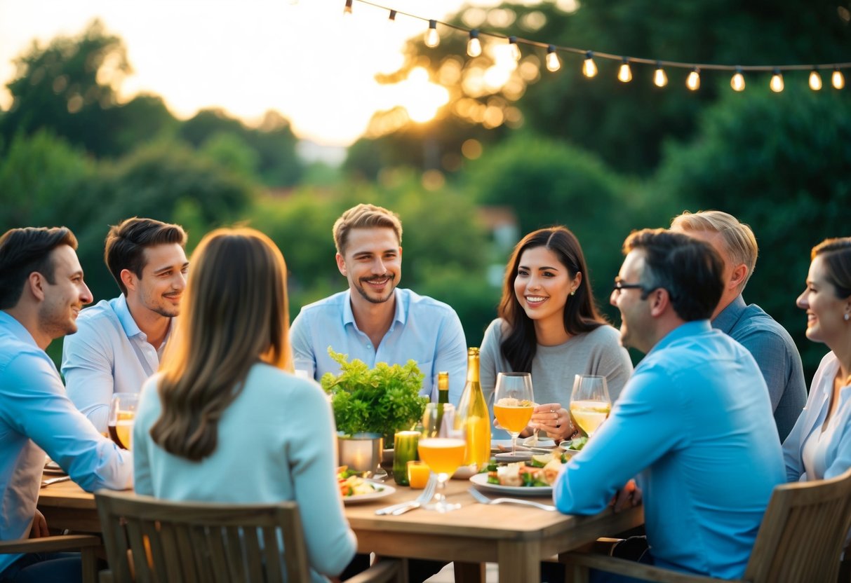 A group of people gather in a relaxed outdoor setting, chatting and laughing over casual dinner and drinks