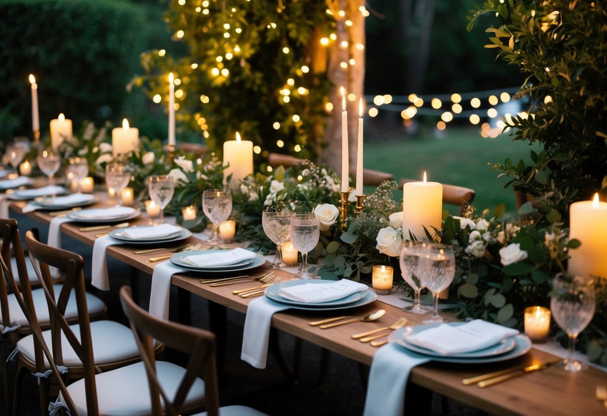 A beautifully set table with elegant place settings and soft candlelight, surrounded by lush greenery and twinkling lights, creating a warm and inviting atmosphere for a rehearsal dinner