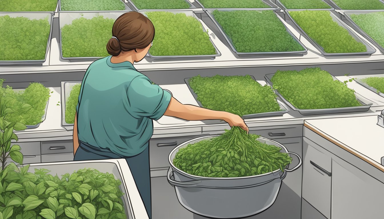 A person picking pigweed from a field, washing and preparing it in a clean kitchen