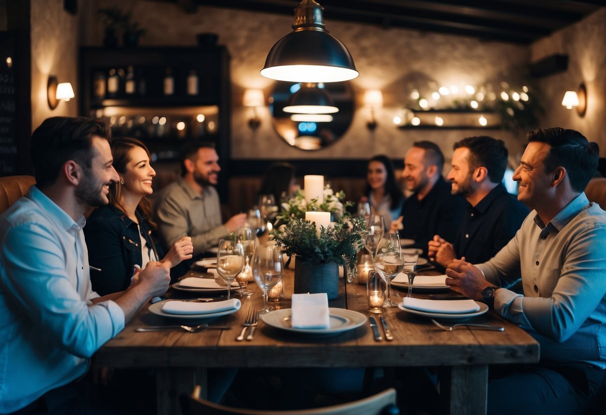 A relaxed gathering in a cozy restaurant, with dim lighting and a rustic decor. Tables adorned with simple centerpieces and guests enjoying casual conversation