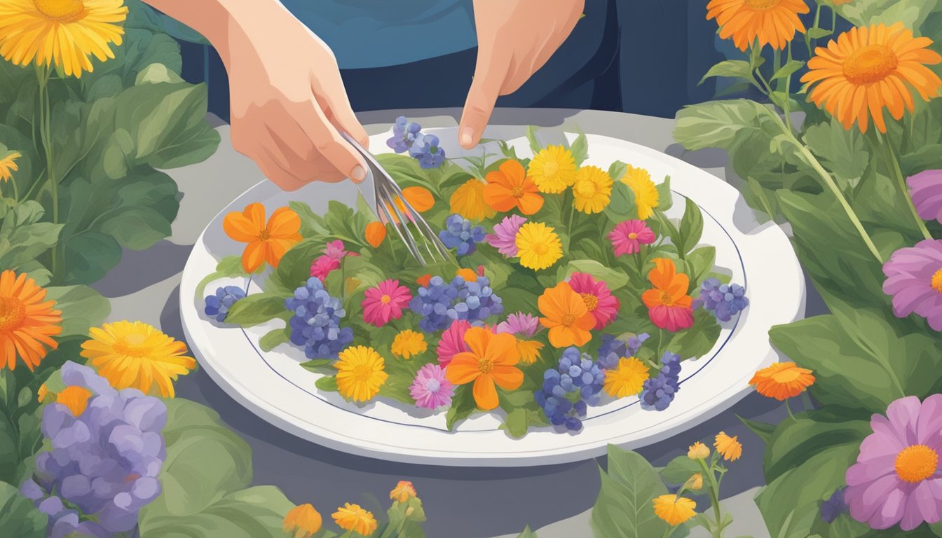 A person picking edible flowers from a garden and arranging them on a plate for consumption