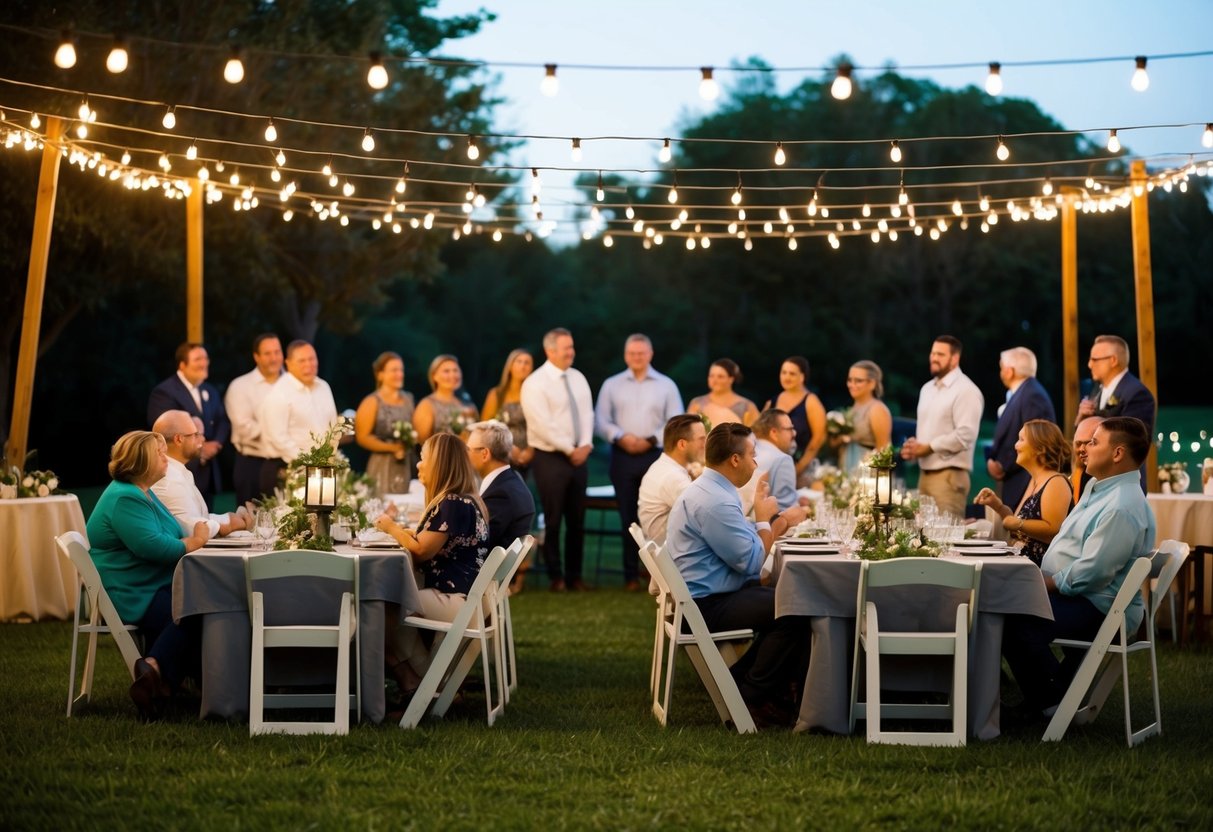 A group of people in casual attire gather at a relaxed outdoor setting for a rehearsal dinner. Tables are set with simple decor and string lights illuminate the space