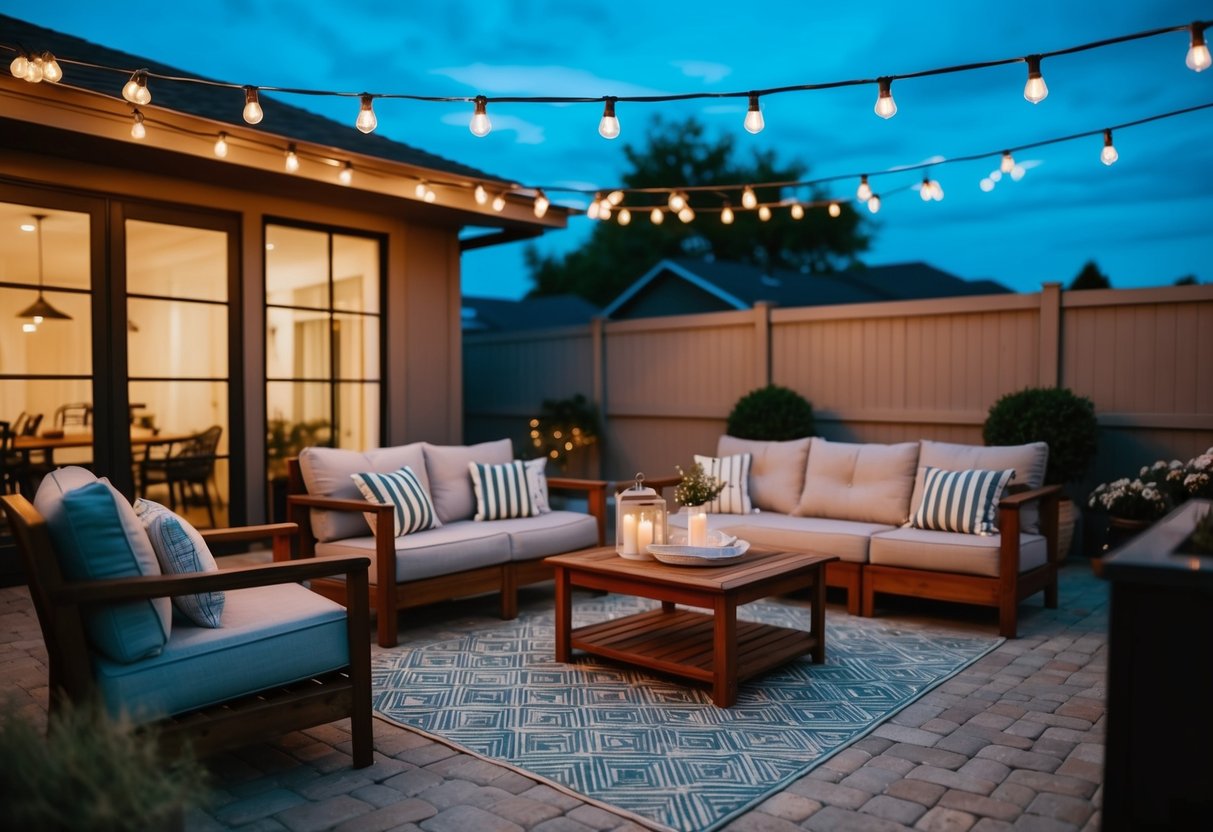 A cozy outdoor setting with string lights, casual seating, and a relaxed atmosphere