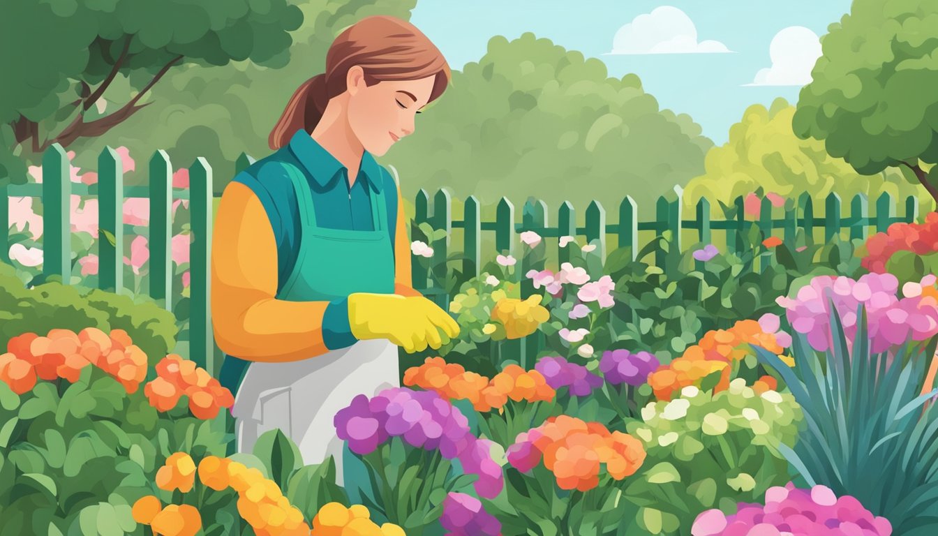 A garden with colorful flowers being carefully harvested by a person wearing gloves