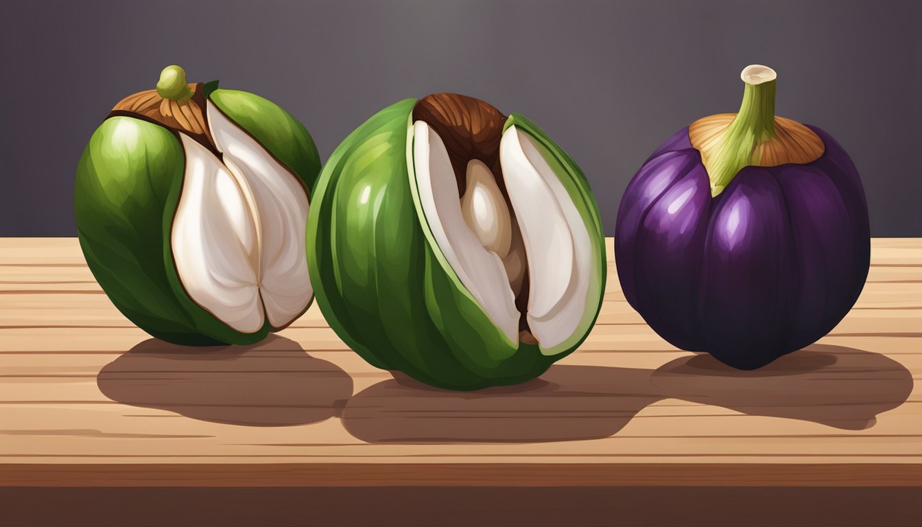 A split mangosteen, one half unripe with a green outer shell and the other half ripe with a deep purple outer shell, placed side by side on a wooden surface