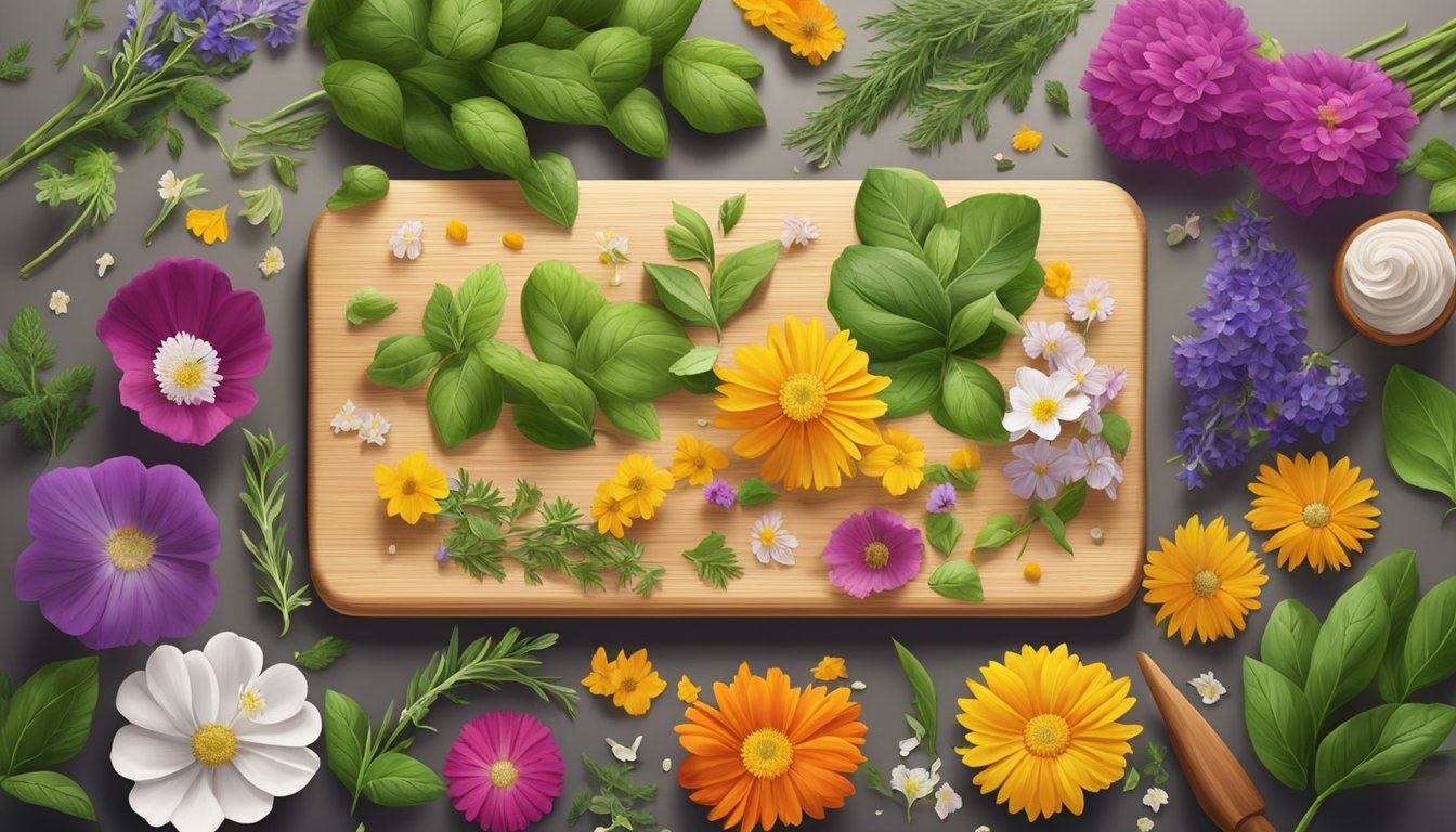 A colorful array of edible flowers and aromatic herbs spread out on a wooden cutting board, surrounded by a scattering of fresh green leaves and sprigs