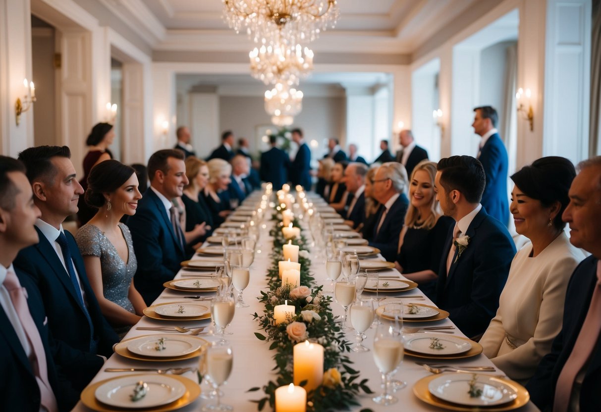 A long dining table set with elegant place settings and soft candlelight, surrounded by guests dressed in formal attire