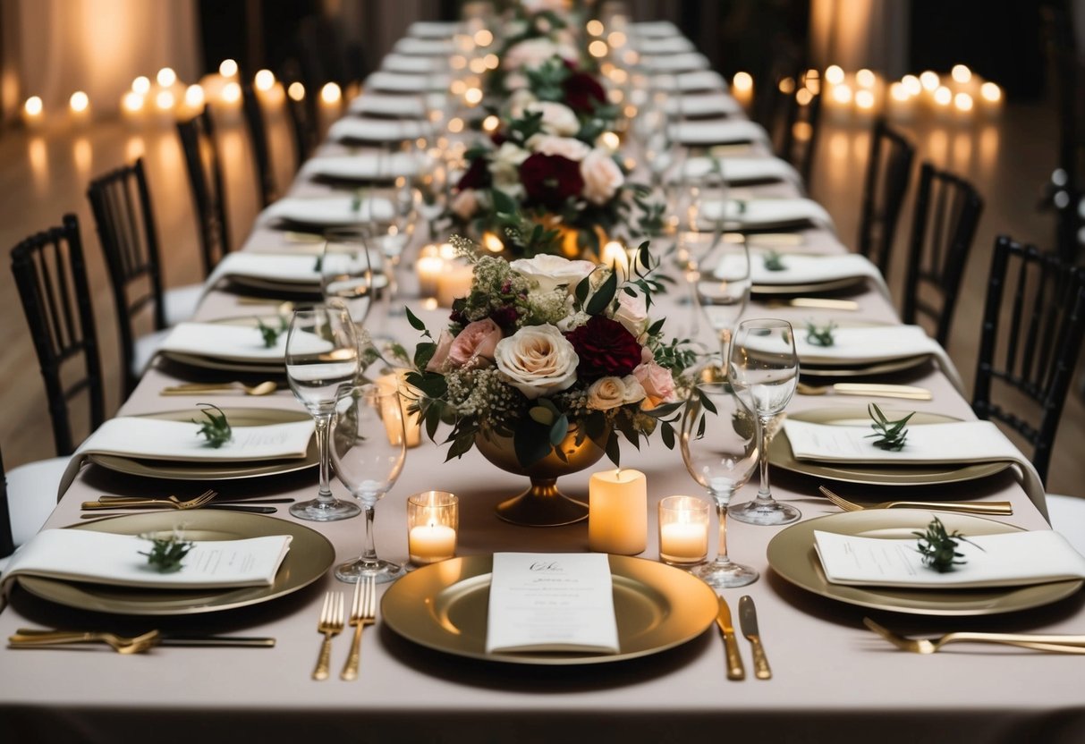A long dining table set with elegant place settings and adorned with floral centerpieces, surrounded by dimly lit candles and soft ambient lighting