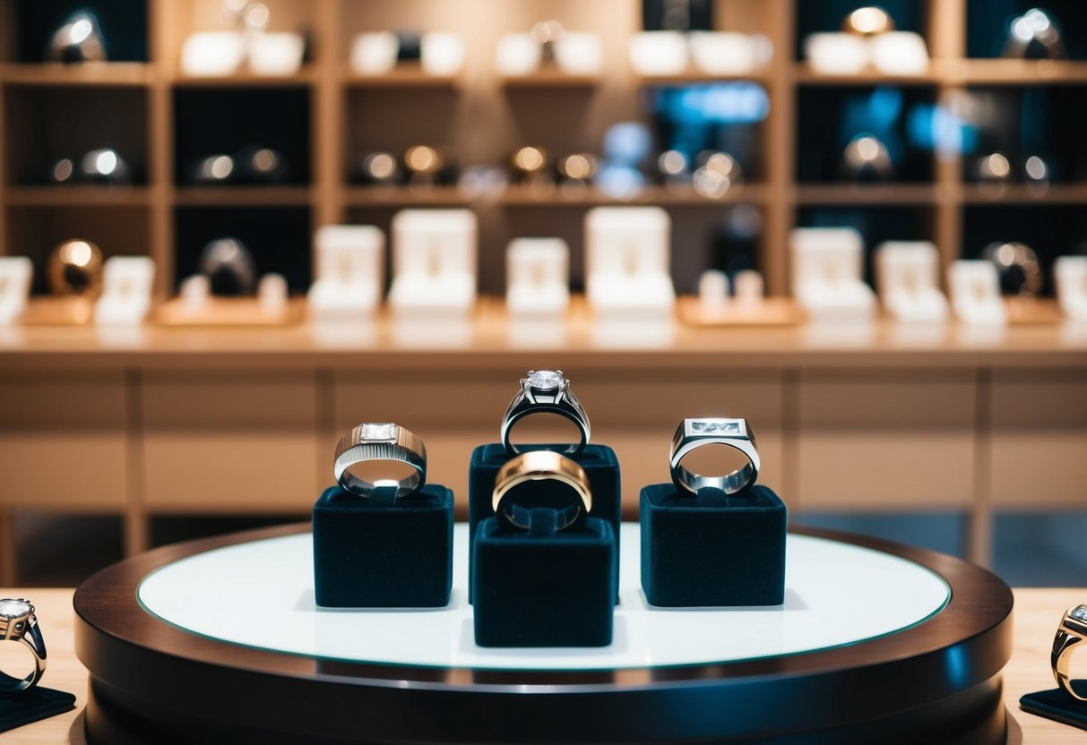 A table with various men's rings displayed in a jewelry store