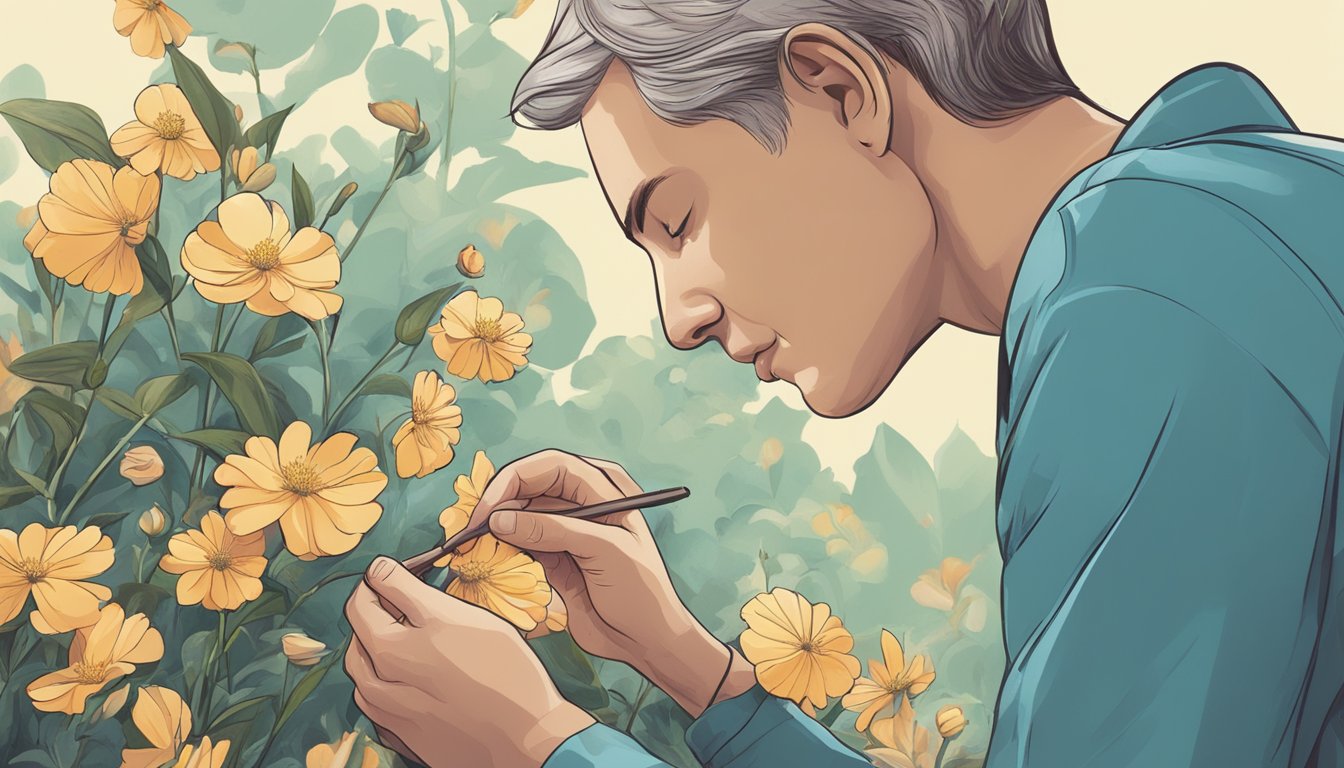 A person plucking petals from a flower and examining them cautiously