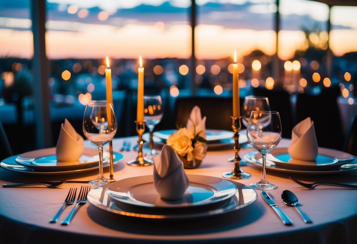 A table set for a fancy dinner with elegant place settings and lit candles