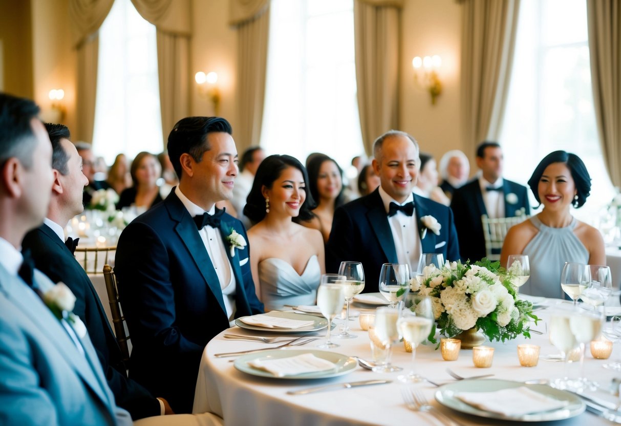 A formal rehearsal dinner scene with elegant table settings, a polished host, and a carefully curated guest list
