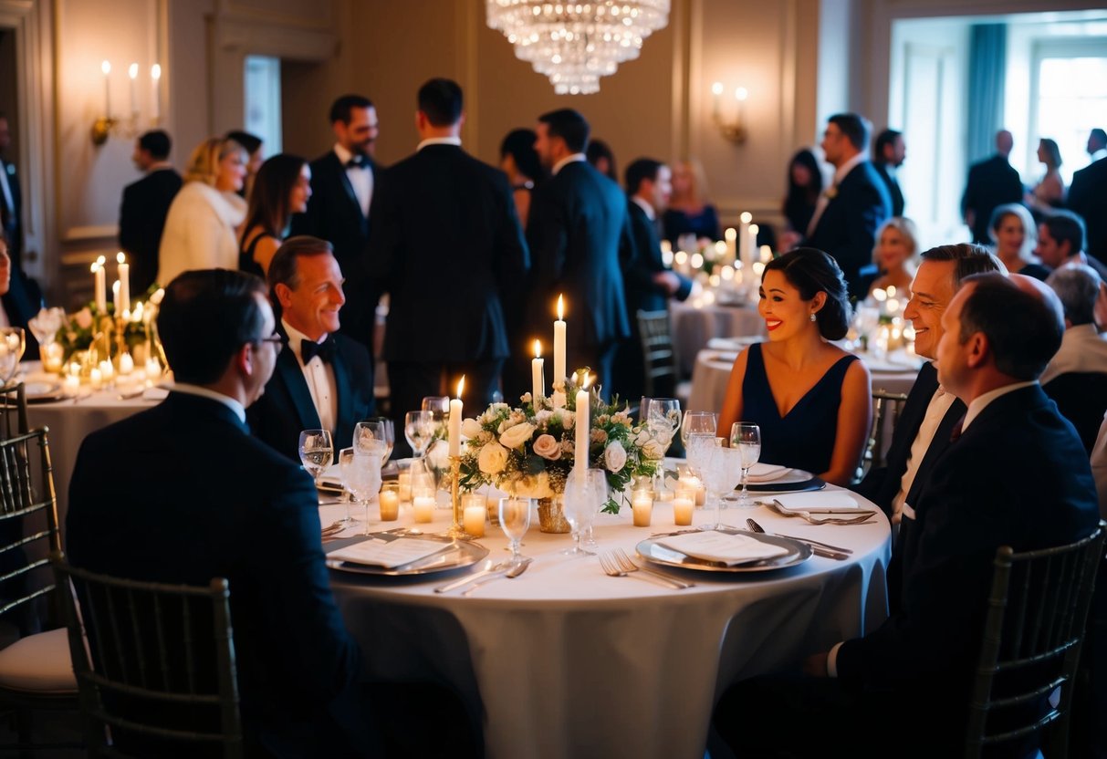 A group of elegantly set tables with candles and floral centerpieces in a dimly lit room. Elegantly dressed guests mingle and chat, creating a warm and sophisticated atmosphere
