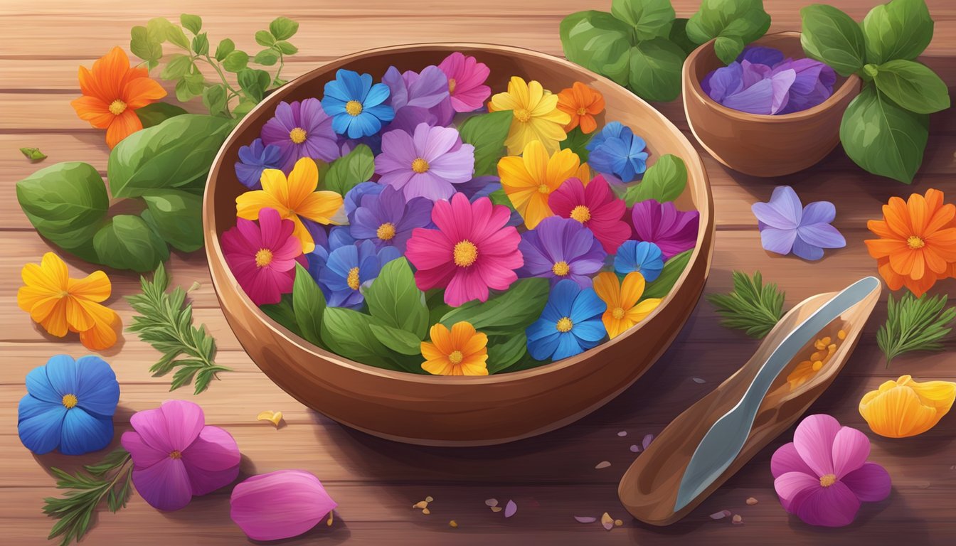 A bowl of colorful edible petals arranged on a wooden table, surrounded by various fresh herbs and plants