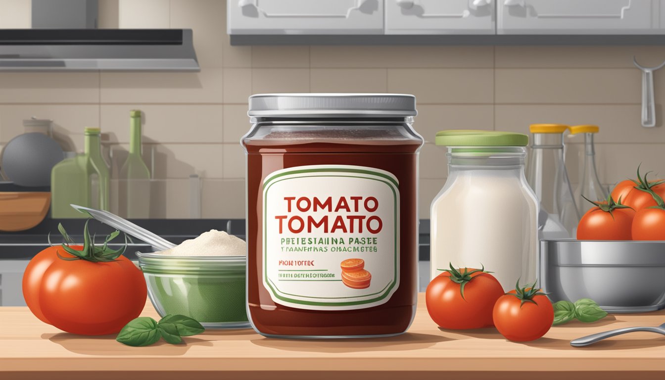 A jar of tomato paste with a visible expiration date on the label, placed on a kitchen counter next to various cooking ingredients