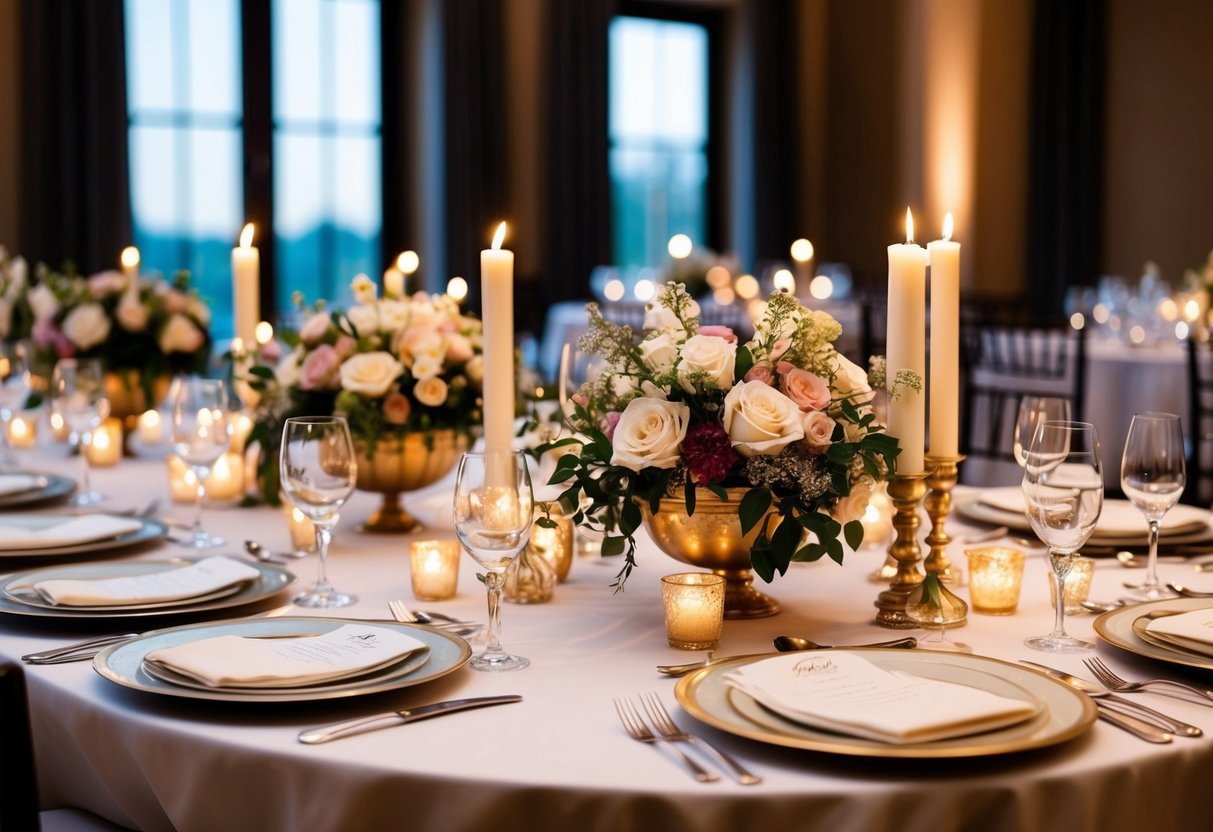 A beautifully set table with elegant place settings, candlelight, and floral centerpieces, creating a formal and sophisticated atmosphere for the rehearsal dinner