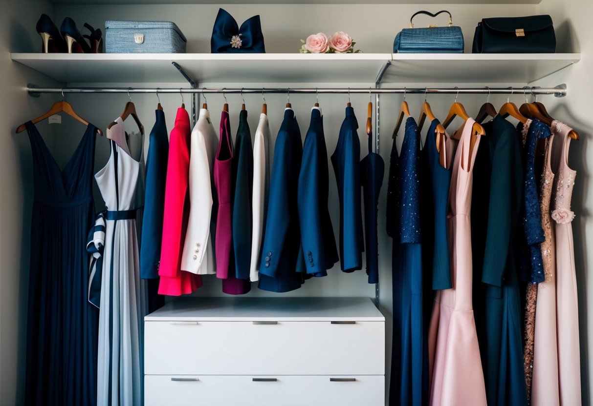 A well-organized closet with elegant attire options, including dresses, suits, and accessories, arranged neatly on hangers and shelves