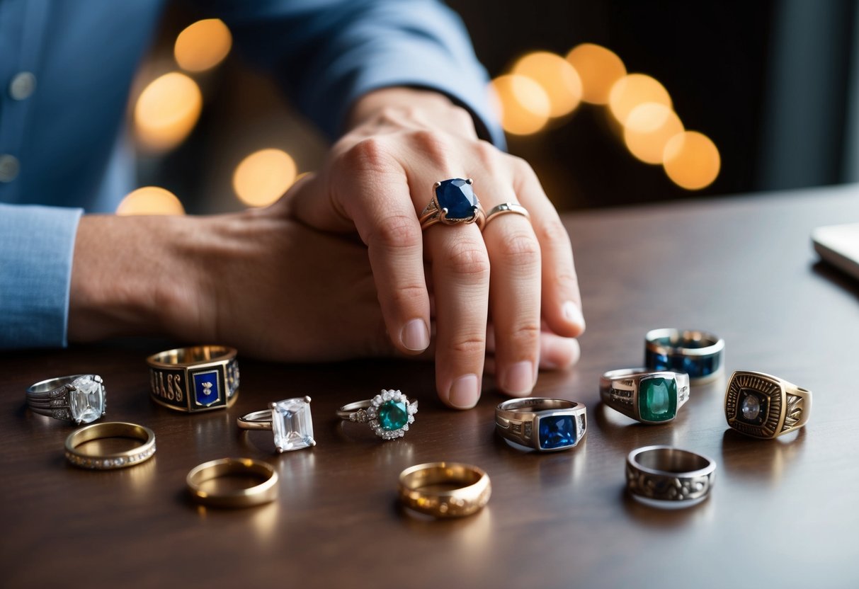 A man's hand holding a ring, surrounded by various non-wedding rings like class, fraternity, or family heirlooms
