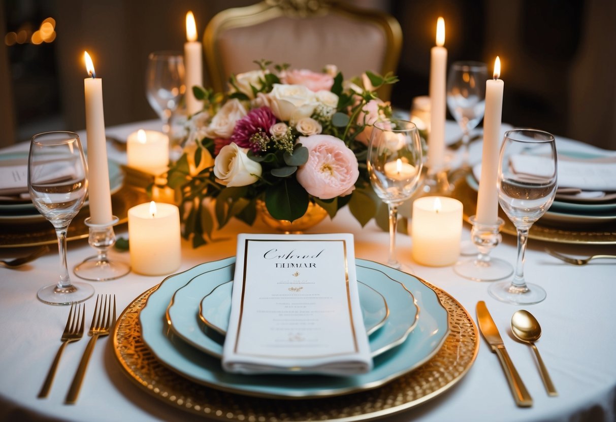 A beautifully set table with elegant dinnerware and a floral centerpiece, surrounded by softly lit candles and a warm, inviting ambiance