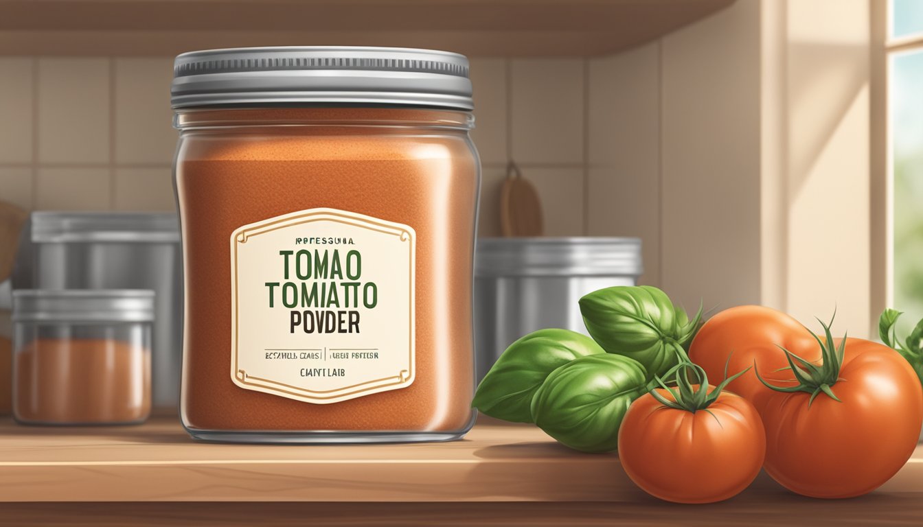 A jar of expired tomato powder with a faded label, sitting on a dusty shelf in a kitchen pantry