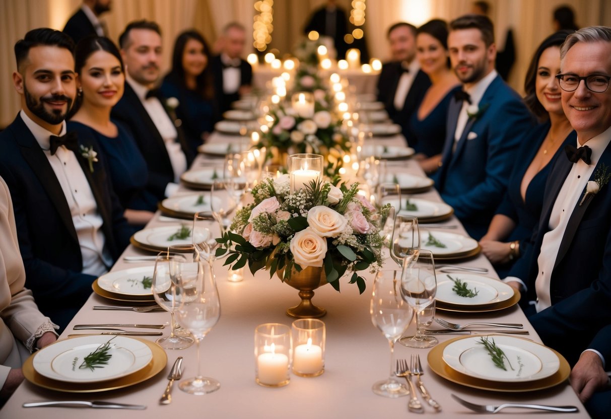 A table set with elegant dinnerware and floral centerpieces, surrounded by guests dressed in formal attire, with a soft glow of candlelight casting a warm ambiance