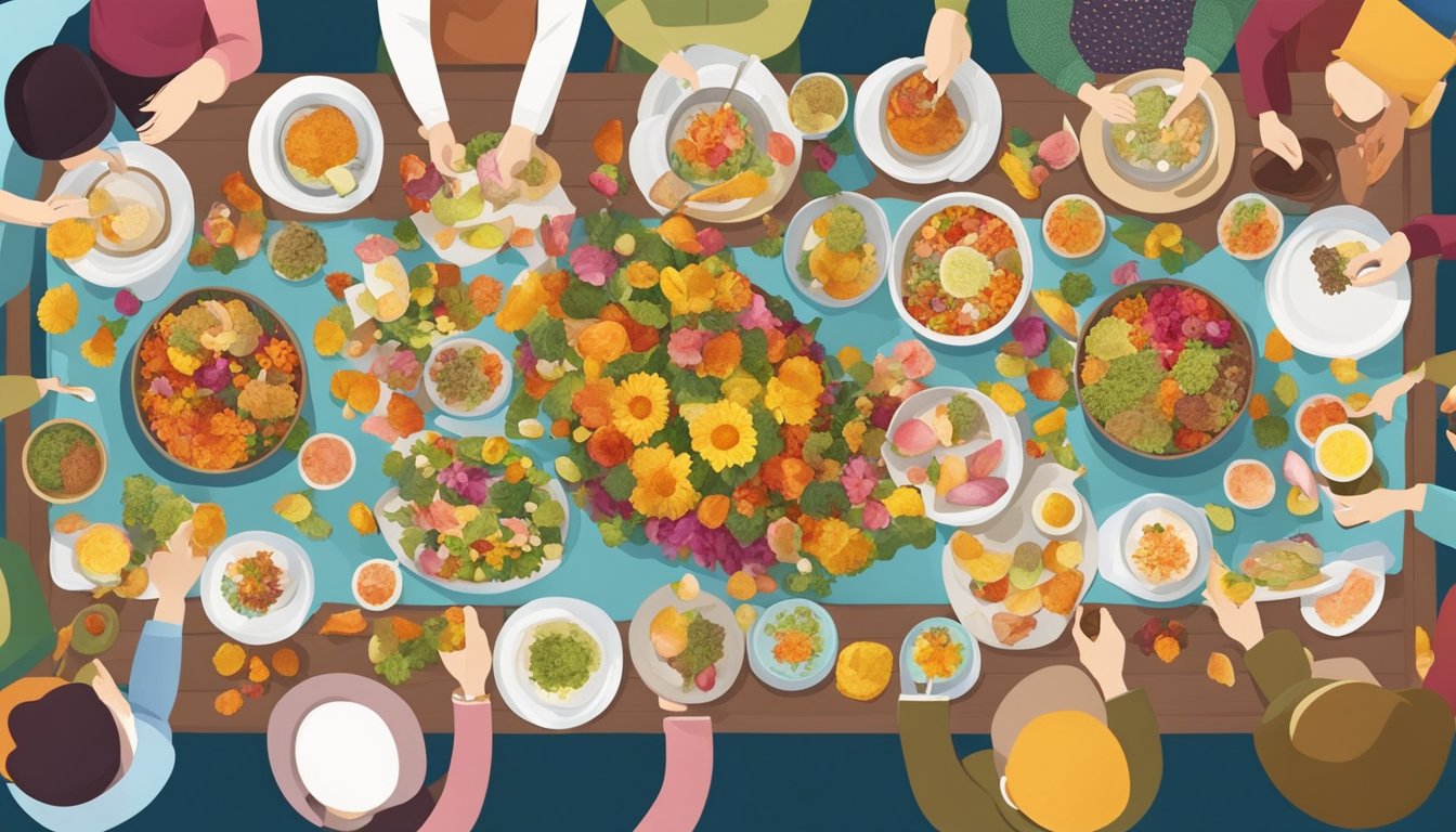 A table set with various colorful dishes made from flower petals, surrounded by people from different cultural backgrounds