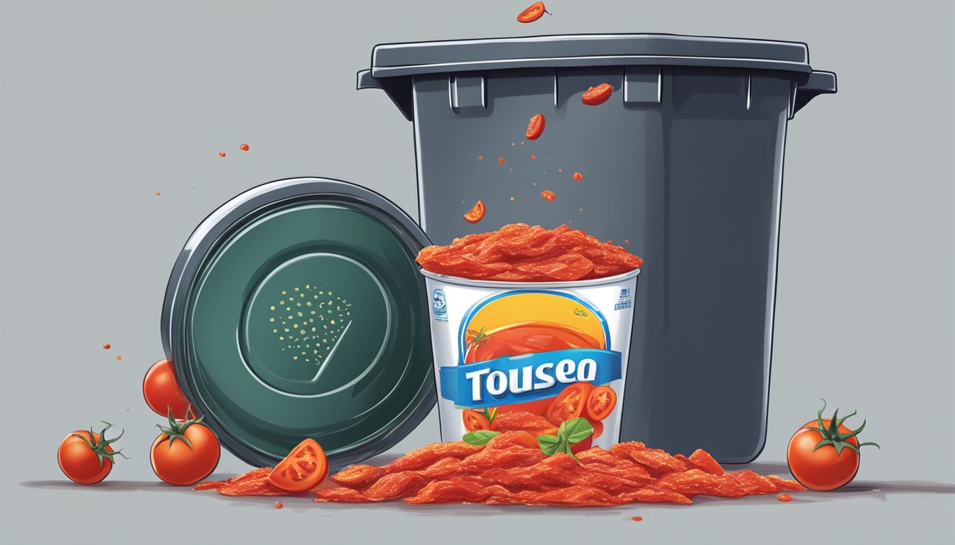 A can of expired tomato paste being thrown into a trash bin