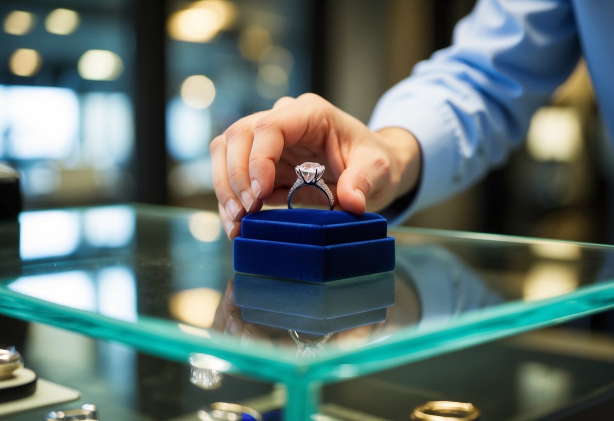 A jeweler placing a wedding ring inside a velvet box on a glass display counter