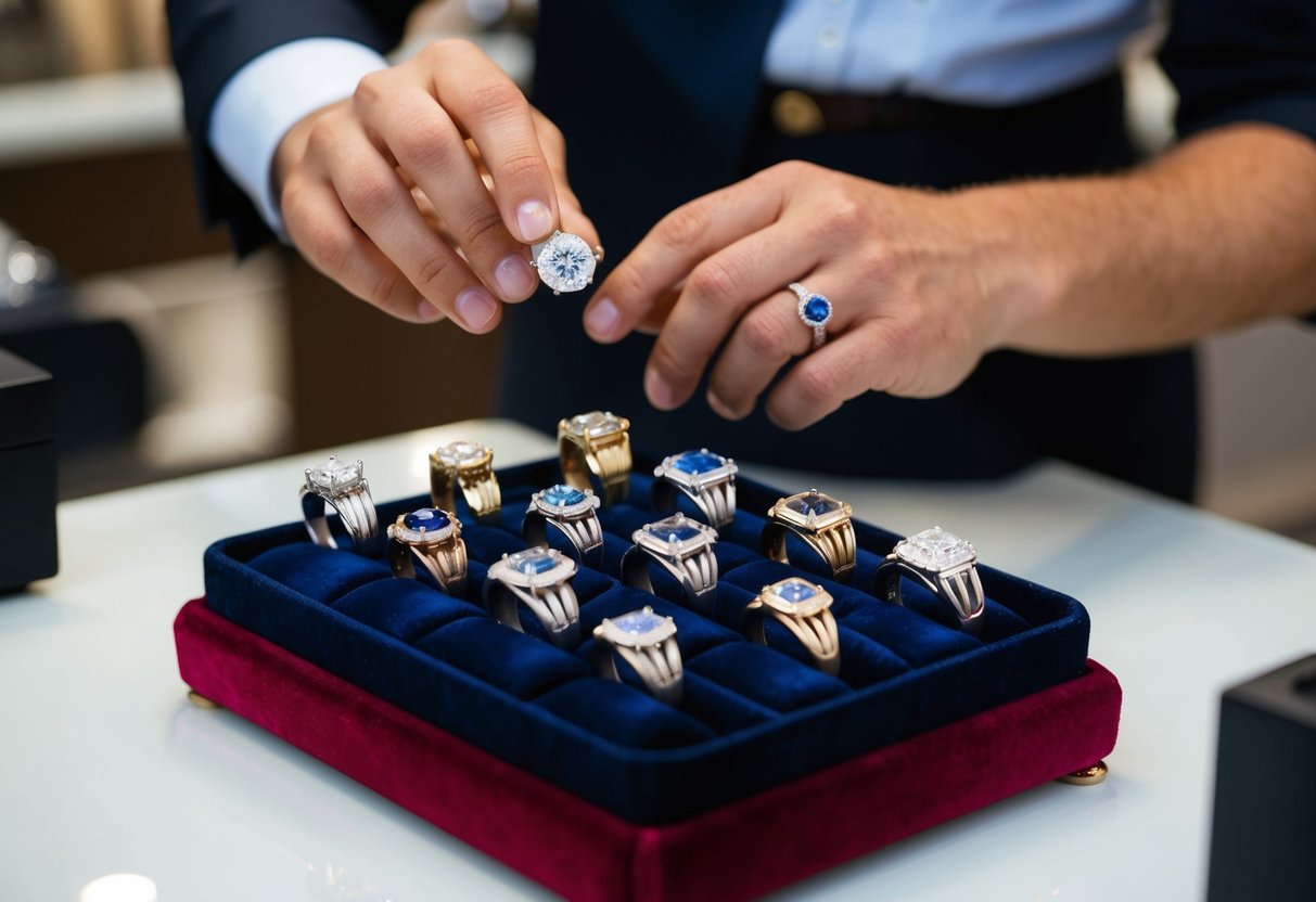 A jeweler presenting a selection of men's wedding rings on a velvet display tray