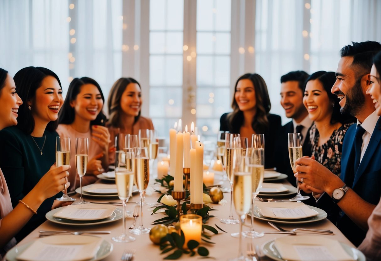 A table set with candles and champagne glasses, surrounded by smiling faces and laughter