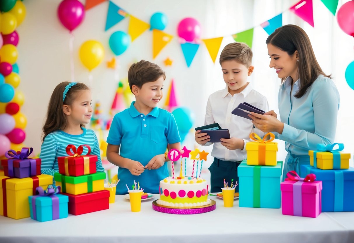 Two kids' party: a table with gifts, colorful decorations, and a cake. Parents stand nearby, holding wallets and discussing payment