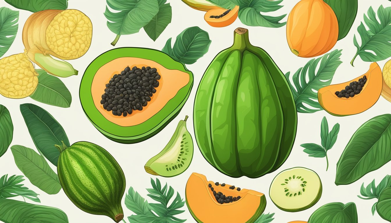 A vibrant unripe papaya with green skin and pale flesh, surrounded by leaves and other tropical fruits, showcasing its nutritional value